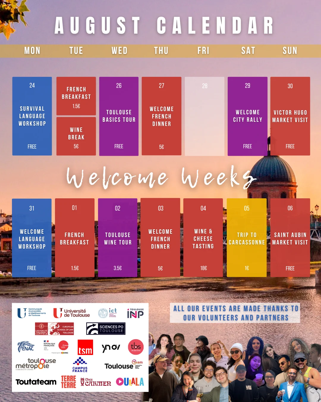 This month's AEGEE Toulouse calendar poster, laid out as a weekly grid of events