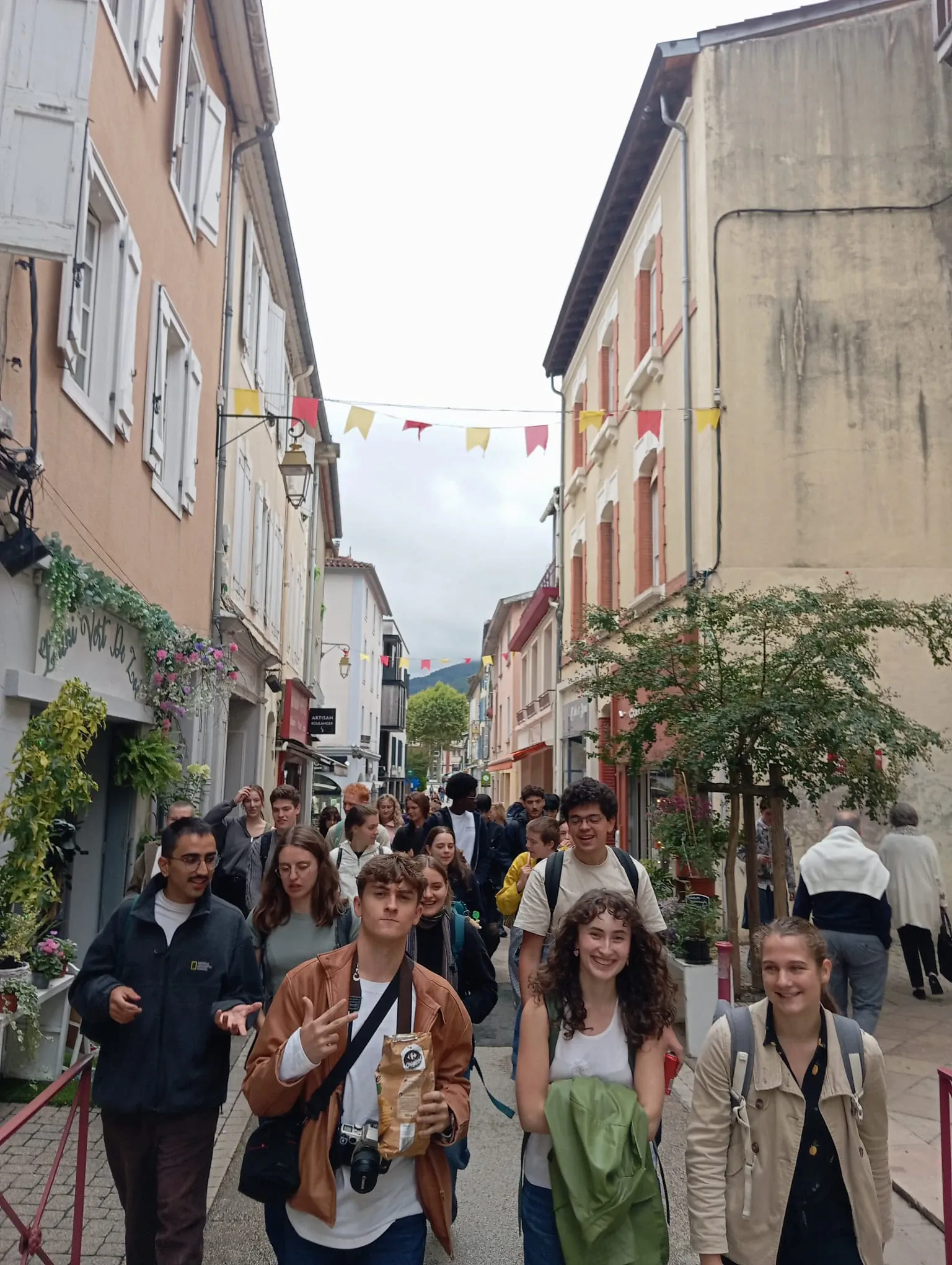 A group walking down a narrow street strung with festival bunting, shopfronts on either side